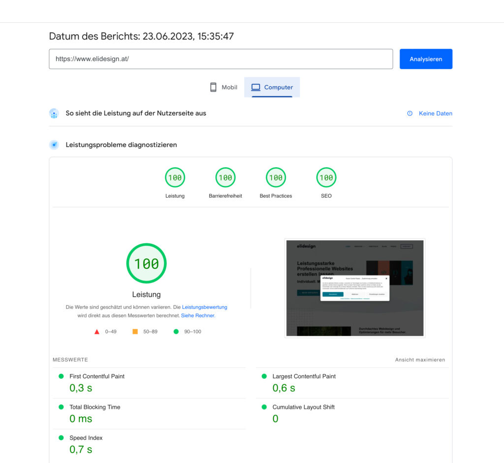 PageSpeed Core Ergebnis elidesign.at